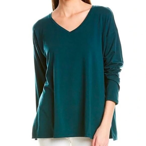 Eileen Fisher XXS 2XS Green V-neck Jersey Boxy Top Deep Agean Shirt Oversized - Picture 1 of 16
